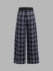 SHEIN Tween Girl Plaid Print Kids Elastic Waist Wide Leg Pants - Navy Blue - View 2