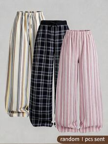 SHEIN Tween Girl Plaid Print Kids Elastic Waist Wide Leg Pants - Navy Blue - View 4