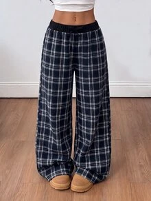 SHEIN Tween Girl Plaid Print Kids Elastic Waist Wide Leg Pants - Navy Blue - View 1