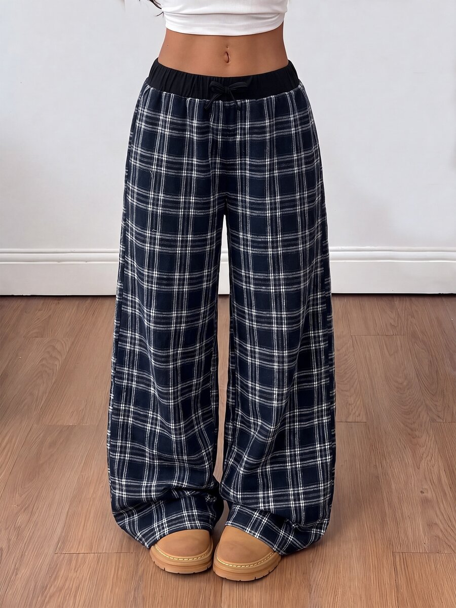 SHEIN Tween Girl Plaid Print Kids Elastic Waist Wide Leg Pants - Navy Blue - View 1