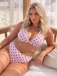 Swim Mod Plus Size Women's Halter Bikini Set With Polka Dot Print For Beach Vacation - Multicolor - View 7