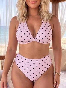 Swim Mod Plus Size Women's Halter Bikini Set With Polka Dot Print For Beach Vacation - Multicolor - View 4