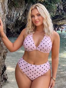 Swim Mod Plus Size Women's Halter Bikini Set With Polka Dot Print For Beach Vacation - Multicolor - View 6