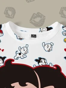 Betty Boop x SHEIN Plus Size Women's Crew Neck Sweatshirt All-Over Print Fall - White - View 3