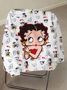 Betty Boop x SHEIN Plus Size Women's Crew Neck Sweatshirt All-Over Print Fall - White - View 1