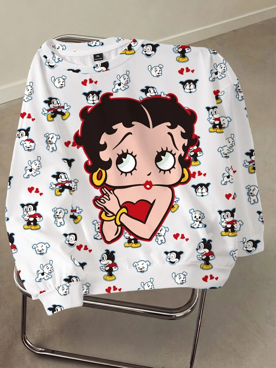 Betty Boop x SHEIN Plus Size Women's Crew Neck Sweatshirt All-Over Print Fall - White - View 1