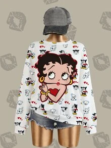 Betty Boop x SHEIN Plus Size Women's Crew Neck Sweatshirt All-Over Print Fall - White - View 6