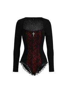 ROMWE PUNK Contrast Lace Sweetheart Neck Cross Detail Bodysuit - Multicolor - View 4