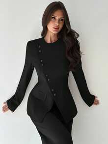 Firerie 女款優雅商務專業風不對稱領扣腰長袖西裝外套高腰長褲黑色2件套套裝夏季辦公 - 黑色 - 查看 7