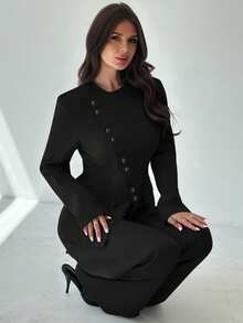 Firerie 女款優雅商務專業風不對稱領扣腰長袖西裝外套高腰長褲黑色2件套套裝夏季辦公 - 黑色 - 查看 4