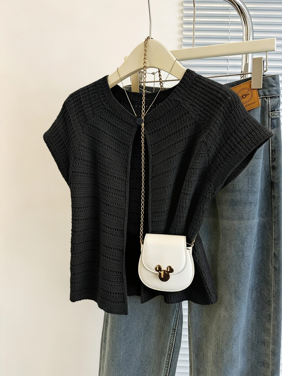 Franclia New Niche Design Striped Round Neck Unique Versatile Slimming Women's Cardigan Back-To-School Everyday School Black Autumn Casual Basic