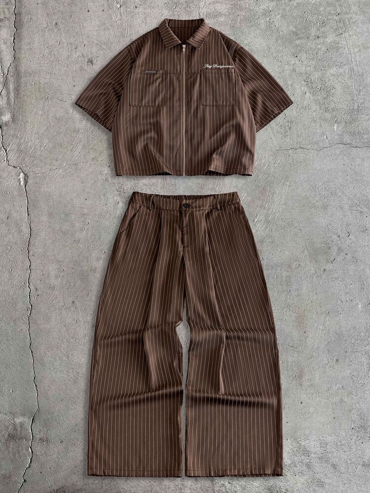 AXEPEAK Men's Letter Print Striped Short Sleeve Shirt And Long Pants Casual Daily Outfit - Khaki - View 2