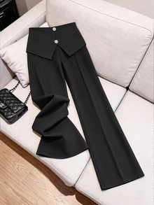Juhart Plus Size Elegant Stylish Commuter Style Decorative Button Pants Fall Office Formal Black And Gold - Black - View 7