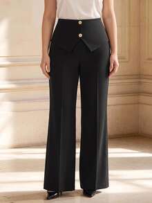 Juhart Plus Size Elegant Stylish Commuter Style Decorative Button Pants Fall Office Formal Black And Gold - Black - View 1