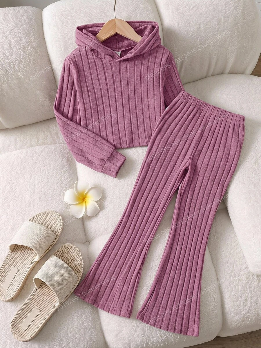 SHEIN Tween Girls 2pcs Rib-Knit Hooded Top & Flare Pants Set Purple Comfortable Solid Soft Casual Y2K Retro High Stretch Autumn Fall Winter Co-Ord Outfit - Hot Pink - View 1