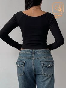 SHEIN BASICS 女款純色長袖修身休閒百搭T恤 - 黑色 - 查看 7