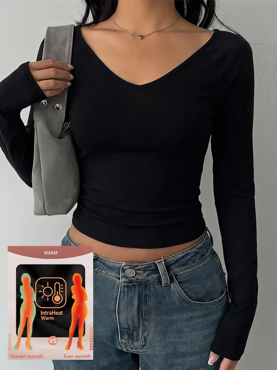 SHEIN BASICS 女款純色長袖修身休閒百搭T恤 - 黑色 - 查看 1