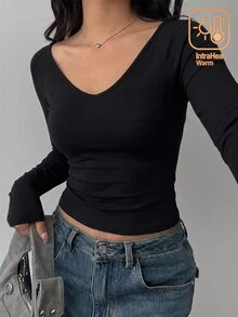 SHEIN BASICS 女款純色長袖修身休閒百搭T恤 - 黑色 - 查看 3