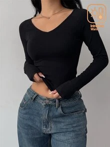 SHEIN BASICS 女款純色長袖修身休閒百搭T恤 - 黑色 - 查看 5