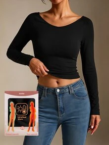 SHEIN BASICS 女款純色長袖修身休閒百搭T恤 - 黑色 - 查看 2