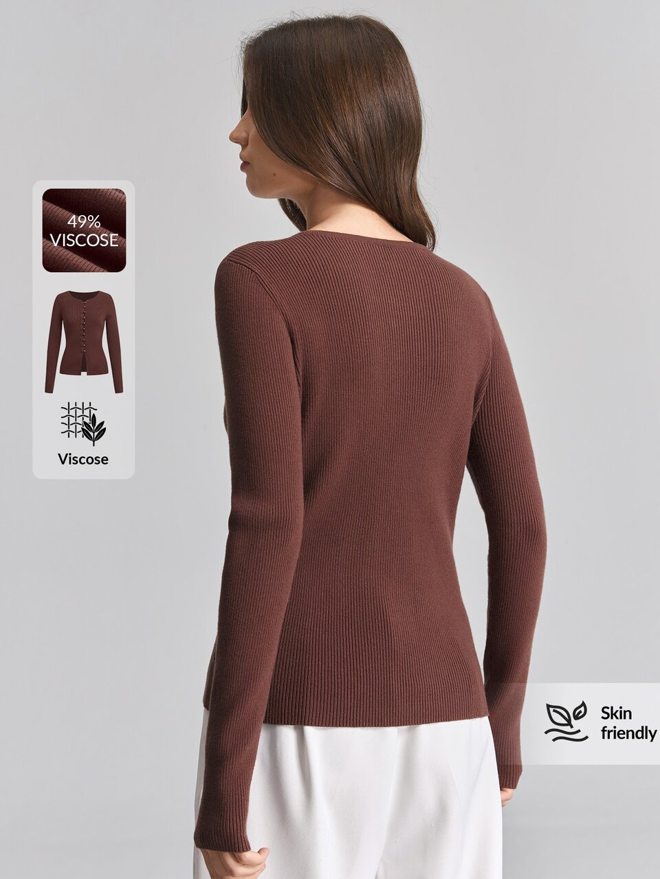 2026 New Summer Women's Cardigan, Fitted Waist Brown Long Sleeve Top, Round Neck Button Front Casual Commute Urban Modern Minimalist Elegant Tea Party Independence Day Old Money Style Teacher Women's Office Wear Holiday Attire Vacation Date Women's Outwear Fashion Versatile Knit Top