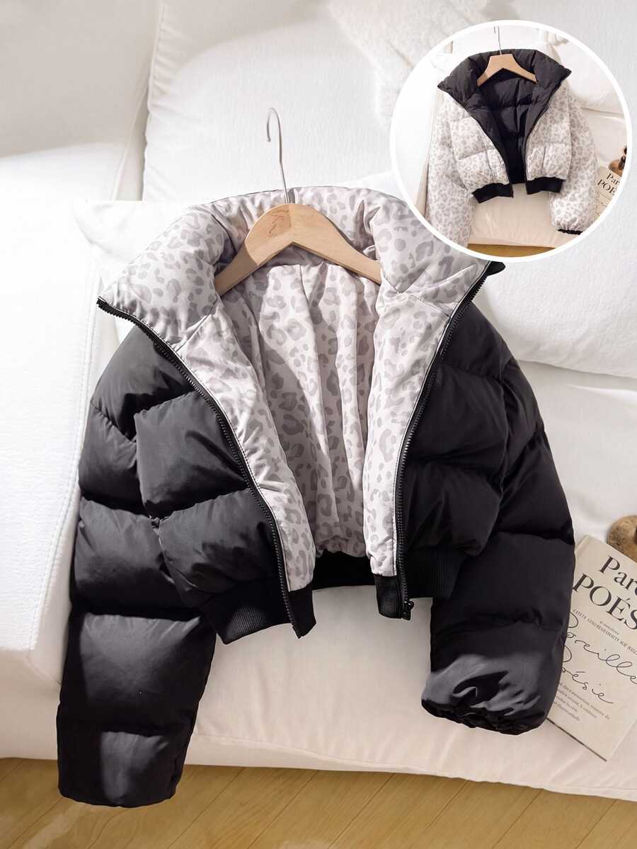 SHEIN Jaket Minimalis Nyaman Modis, Super Hangat Motif Leopard Hitam untuk Remaja Perempuan, Cocok untuk di Rumah, Jalan-jalan, Sekolah, dan Musim Kembali ke Sekolah. - Hitam - View 1