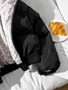 SHEIN 青少年女孩極簡舒適時尚超保暖黑色豹紋夾克外套，適合居家、外出、學校、返校季 - 黑色 - 查看 4