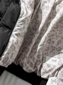 SHEIN 青少年女孩極簡舒適時尚超保暖黑色豹紋夾克外套，適合居家、外出、學校、返校季 - 黑色 - 查看 3