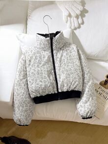 SHEIN 青少年女孩極簡舒適時尚超保暖黑色豹紋夾克外套，適合居家、外出、學校、返校季 - 黑色 - 查看 9