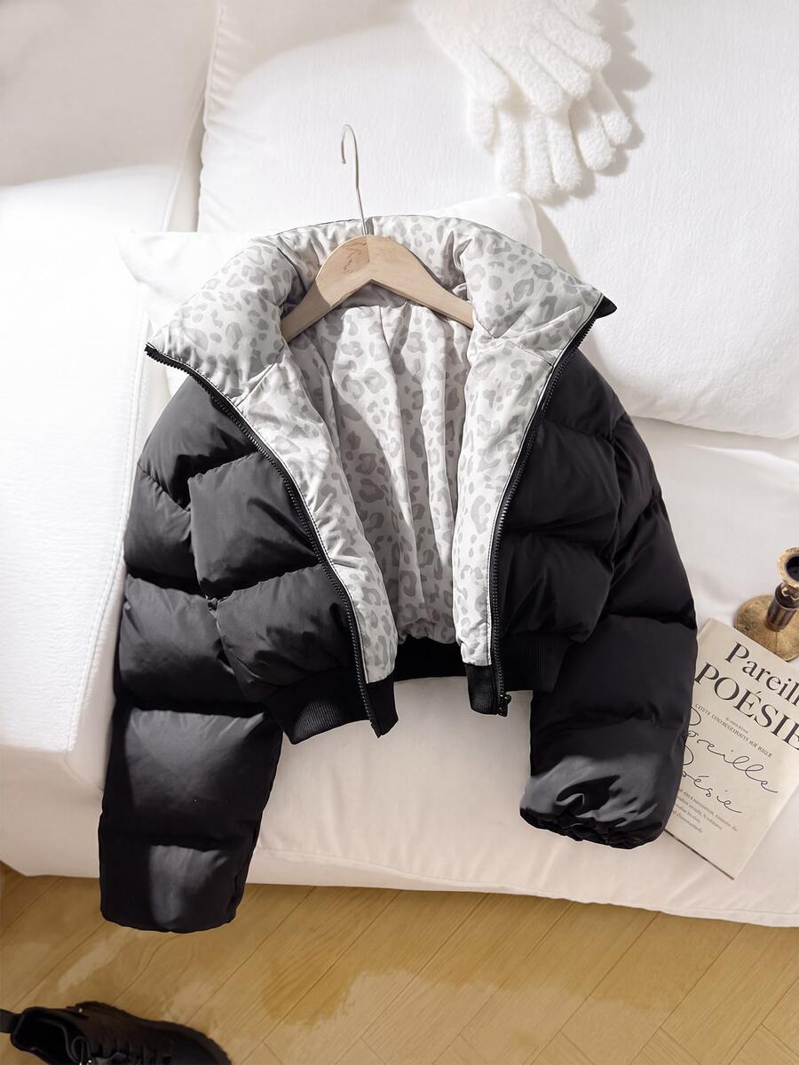 SHEIN 青少年女孩極簡舒適時尚超保暖黑色豹紋夾克外套,適合居家、外出、學校、返校季 - 黑色 - 查看 1