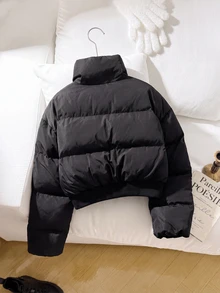 SHEIN 青少年女孩極簡舒適時尚超保暖黑色豹紋夾克外套，適合居家、外出、學校、返校季 - 黑色 - 查看 8