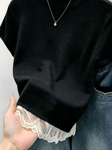 Franclia 女款春季/早春新款套頭針織上衣，黑白條紋拼接蕾絲貼布短袖，慵懶優雅百搭休閒韓法風 - 黑色 - 查看 4