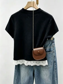 Franclia 女款春季/早春新款套頭針織上衣，黑白條紋拼接蕾絲貼布短袖，慵懶優雅百搭休閒韓法風 - 黑色 - 查看 2