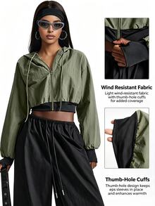 Innovista Innovista Women's Collared Zip Up Cropped Sports Jacket Drawstring Waist Lightweight Breathable Windbreaker Outdoor Running Gym Training Travel جاكيت تغطية - Army Green - View 8