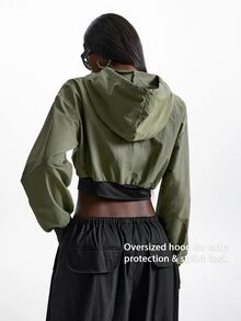 Innovista Innovista Women's Collared Zip Up Cropped Sports Jacket Drawstring Waist Lightweight Breathable Windbreaker Outdoor Running Gym Training Travel جاكيت تغطية - Army Green - View 9