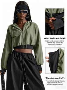 Innovista Innovista Women's Collared Zip Up Cropped Sports Jacket Drawstring Waist Lightweight Breathable Windbreaker Outdoor Running Gym Training Travel جاكيت تغطية - Army Green - View 7