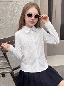 SHEIN 少女優雅純白色燈籠袖前綁帶襯衫，適合日常穿著與返校季 - 白色 - 查看 4