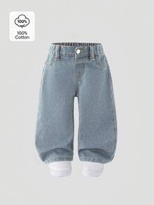 SHEIN Playful Pals 女童休闲宽松浅色牛仔裤，适合夏季度假和日常穿着 - 淺色水洗藍 - 查看 1