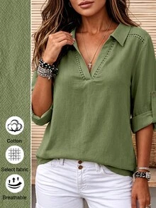 SHEIN LUNE CURVE Plus Size Blouses Fall - Army Green - View 3