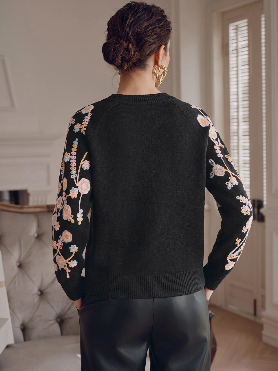Anewsta Women Black Casual Pullovers Regular Length Long Raglan Sleeve Rib Knit Sweater With Baroque Floral Embroidery