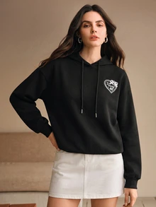 Anewsta Women's Casual Digital Print Hooded Sweatshirt, Autumn/Winter - Black - View 1
