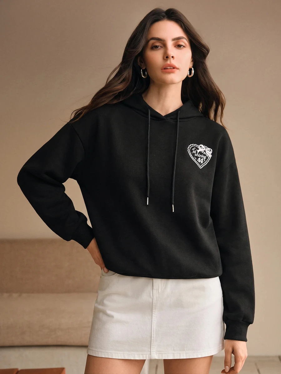 Anewsta Women's Casual Digital Print Hooded Sweatshirt, Autumn/Winter - Black - View 1