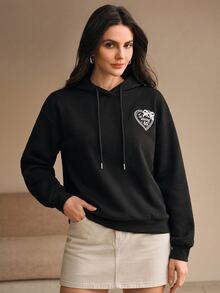 Anewsta Women's Casual Digital Print Hooded Sweatshirt, Autumn/Winter - Black - View 3