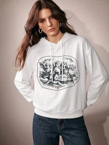 Anewsta Women's Loose Fit Dropped Shoulder Long Sleeve Hooded Sweatshirt With Back Print And Drawstring - White - View 7