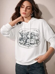 Anewsta Women's Loose Fit Dropped Shoulder Long Sleeve Hooded Sweatshirt With Back Print And Drawstring - White - View 5
