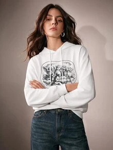 Anewsta Women's Loose Fit Dropped Shoulder Long Sleeve Hooded Sweatshirt With Back Print And Drawstring - White - View 6