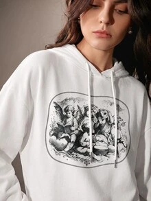 Anewsta Women's Loose Fit Dropped Shoulder Long Sleeve Hooded Sweatshirt With Back Print And Drawstring - White - View 1