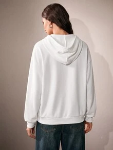 Anewsta Women's Loose Fit Dropped Shoulder Long Sleeve Hooded Sweatshirt With Back Print And Drawstring - White - View 2