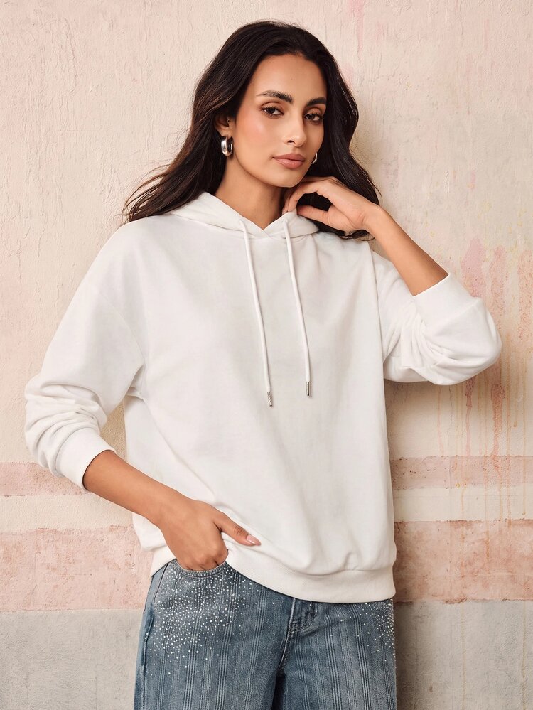 Anewsta Sweatshirt Wanita Lengan Panjang Model Bahu Longgar Bermotif dengan Tali Serut dan Tudung - Putih - View 3