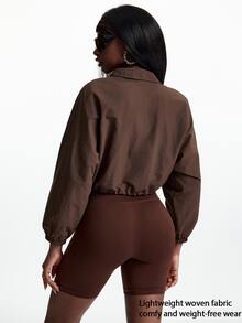Innovista Innovista Women's Solid Color Shirt Collar Zipper Placket Waist Drawstring Design Cropped Sports Jacket Outdoor Gym Running Daily جاكيت تغطية - Brown - View 3